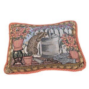 Bunny Rabbit Tapestry Accent Pillow Rectangular 13 x 17 Pink Cord Edge Easter